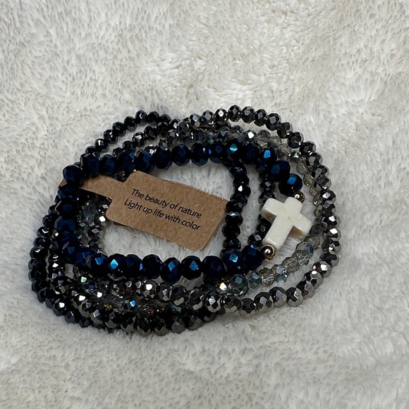 Set of 5 Beaded Bracelets Black & Silver Iridescent & Blue w/White Cross Charm - Picture 4 of 12